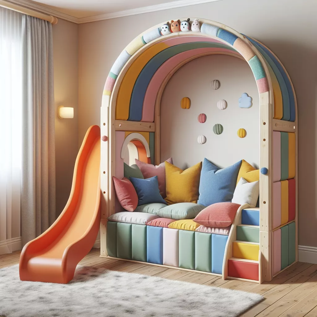 Kletterbogen für Kinderzimmer mit Kissen und Rutsche